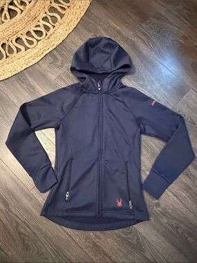 Spyder Black Hooded Zip Jacket with Red Logo Accents